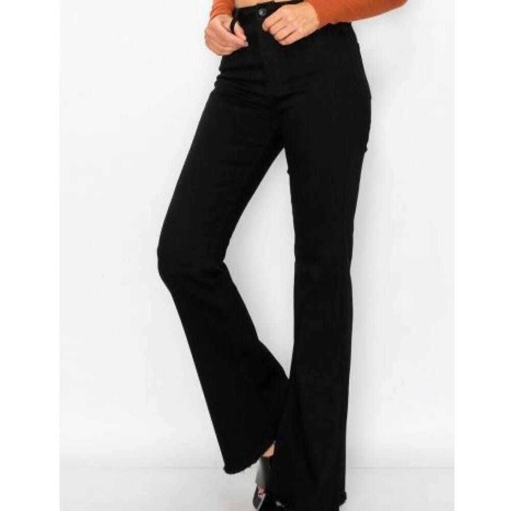 NEW BLUE AGE women's wax flare stretch denim fray in black
